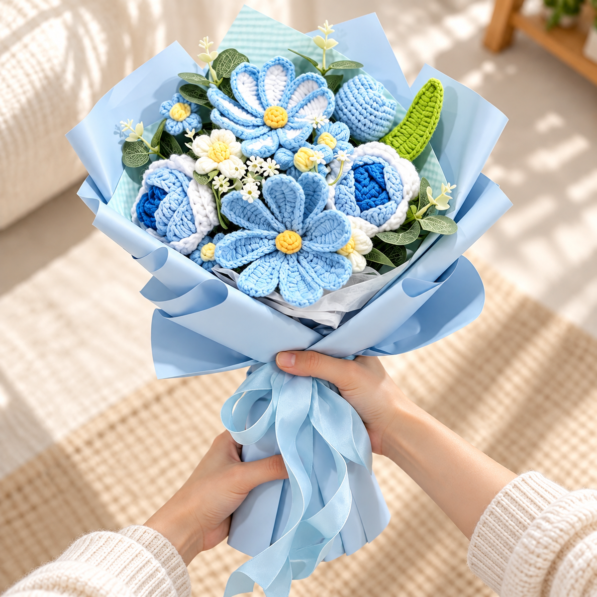 Blue Daisy handmade crochet bouquet held with both hands