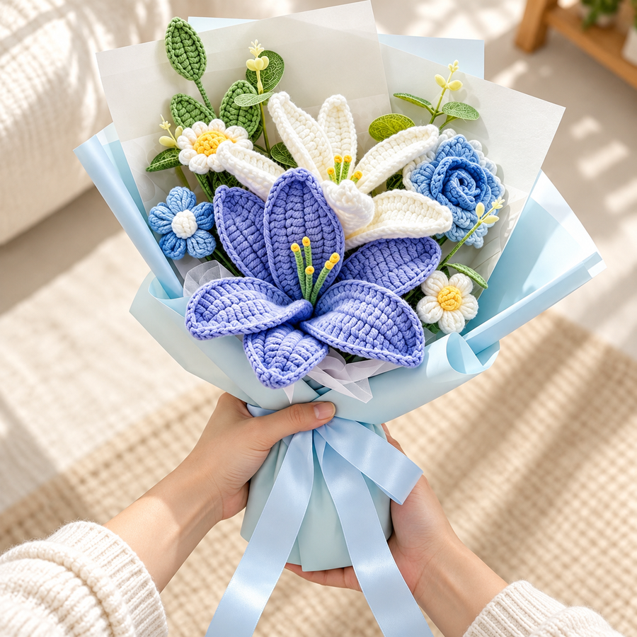 Blue Lily handmade crochet bouquet held with both hands