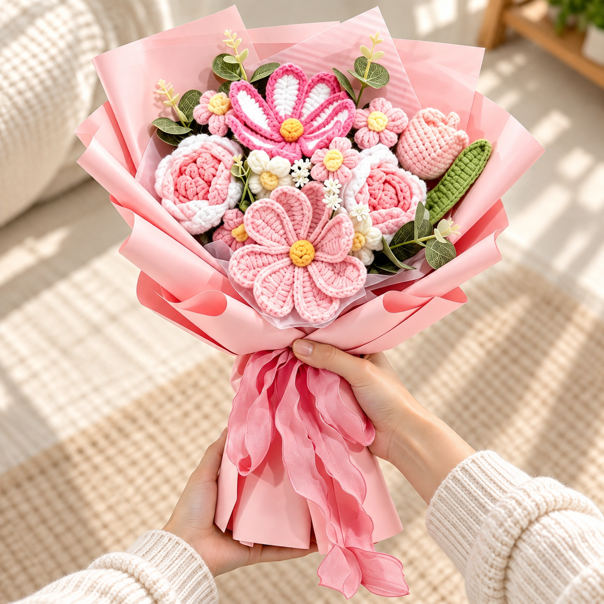 Blush Daisy handmade crochet bouquet held with both hands