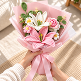 Blush Lily handmade crochet bouquet held with both hands