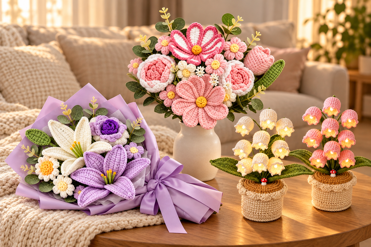 Lavender crochet bouquet resting on a knit throw, pink flowers in a vase, and ivory and pink crochet lamps in a cozy home