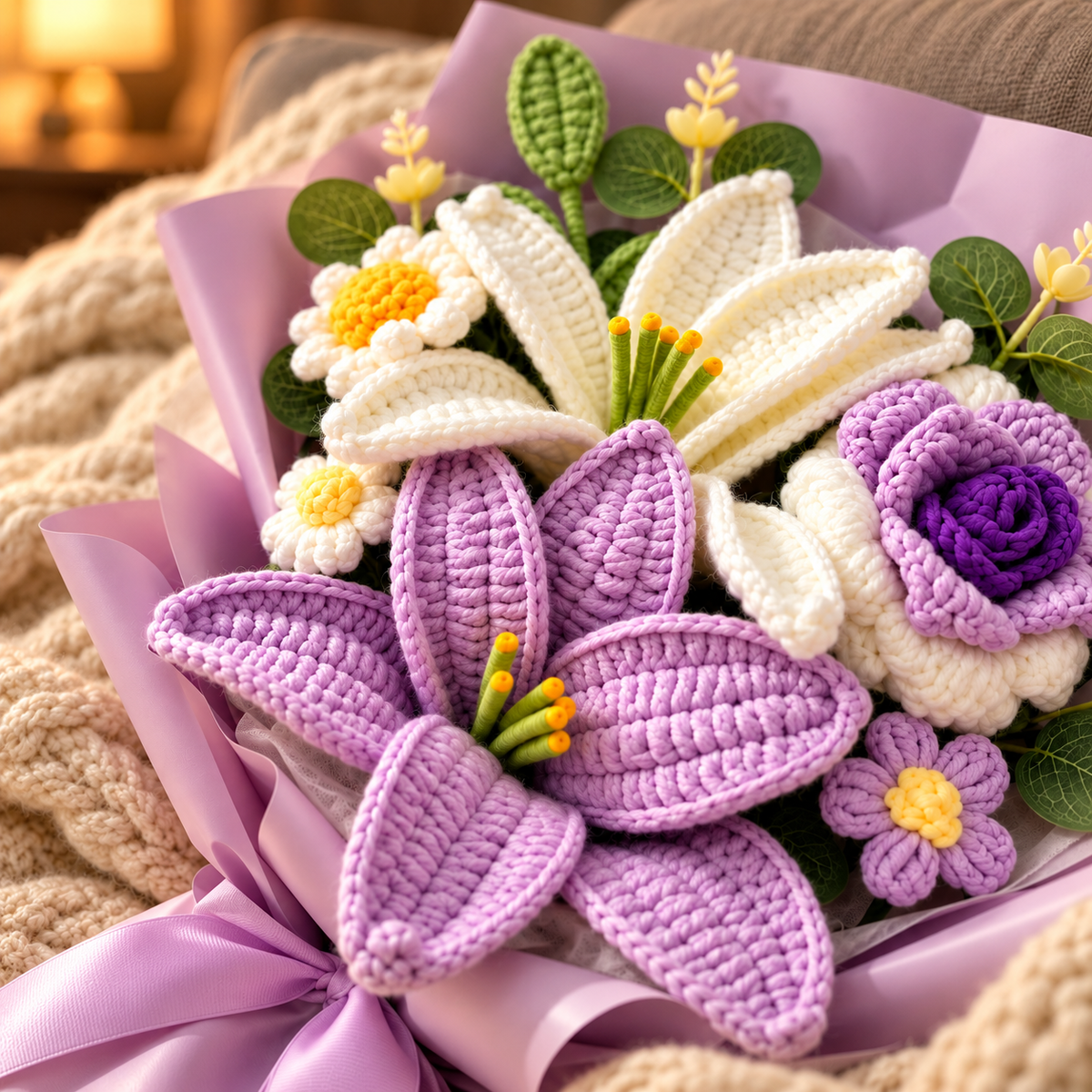 Close-up of lavender and white crocheted flowers resting on a cozy knitted throw