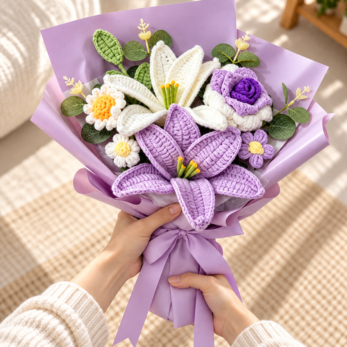 Lavender Lily handmade crochet bouquet held with both hands