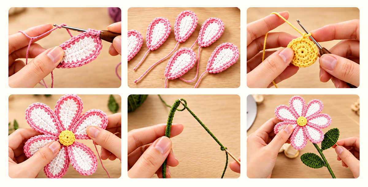 Six photographs showing a crochet flower being made by hand