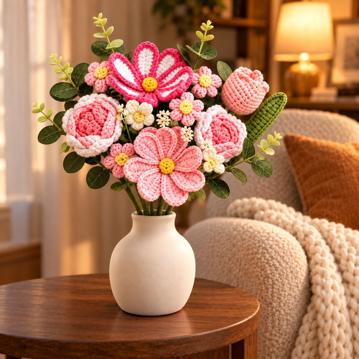 Pink crochet flowers unwrapped and arranged in an ivory vase