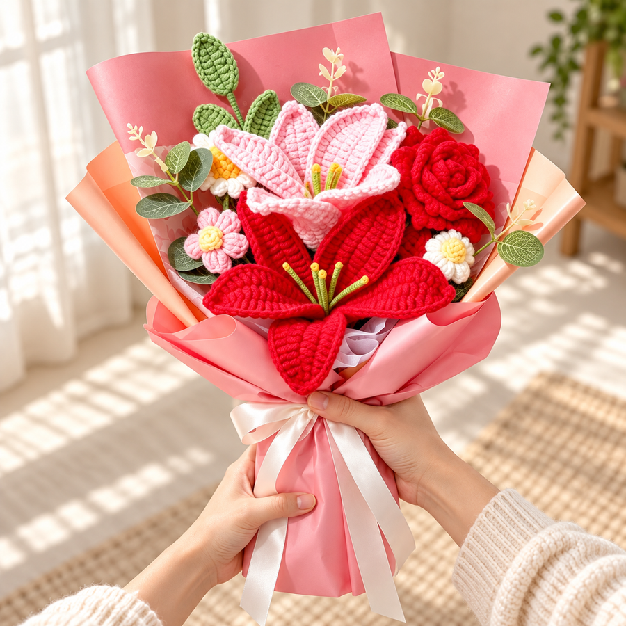 Scarlet Lily handmade crochet bouquet held with both hands